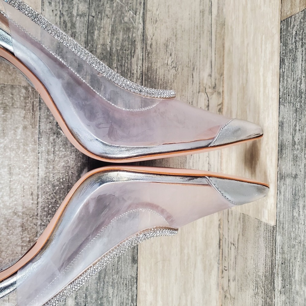Schutz Audrey Womens Pumps Sz 7.5 B Silver Cristal Leather Slingback High Heels - Picture 7 of 13